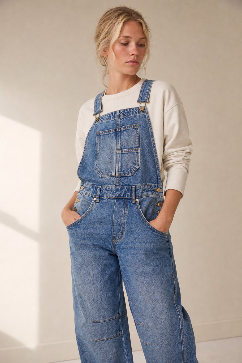 Calvia Wide-Leg Denim Overalls — Blue, banana_republic product shot