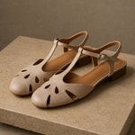 Cassis Italian Leather Low Heels — Beige, studio product shot