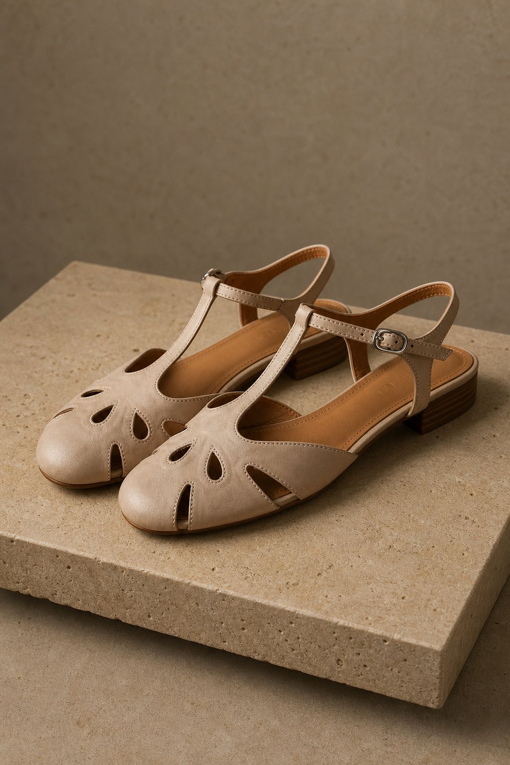 Cassis Italian Leather Low Heels — Beige, studio product shot