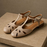 Cassis Italian Leather Low Heels — Beige, studio product shot