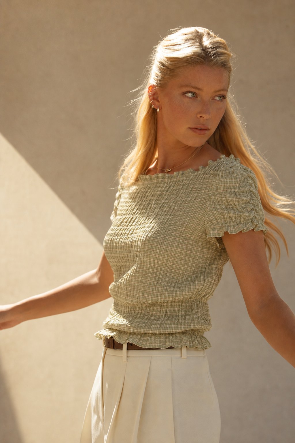 Chloe Cilvaney Ruffle Top — Beige, banana_republic product shot