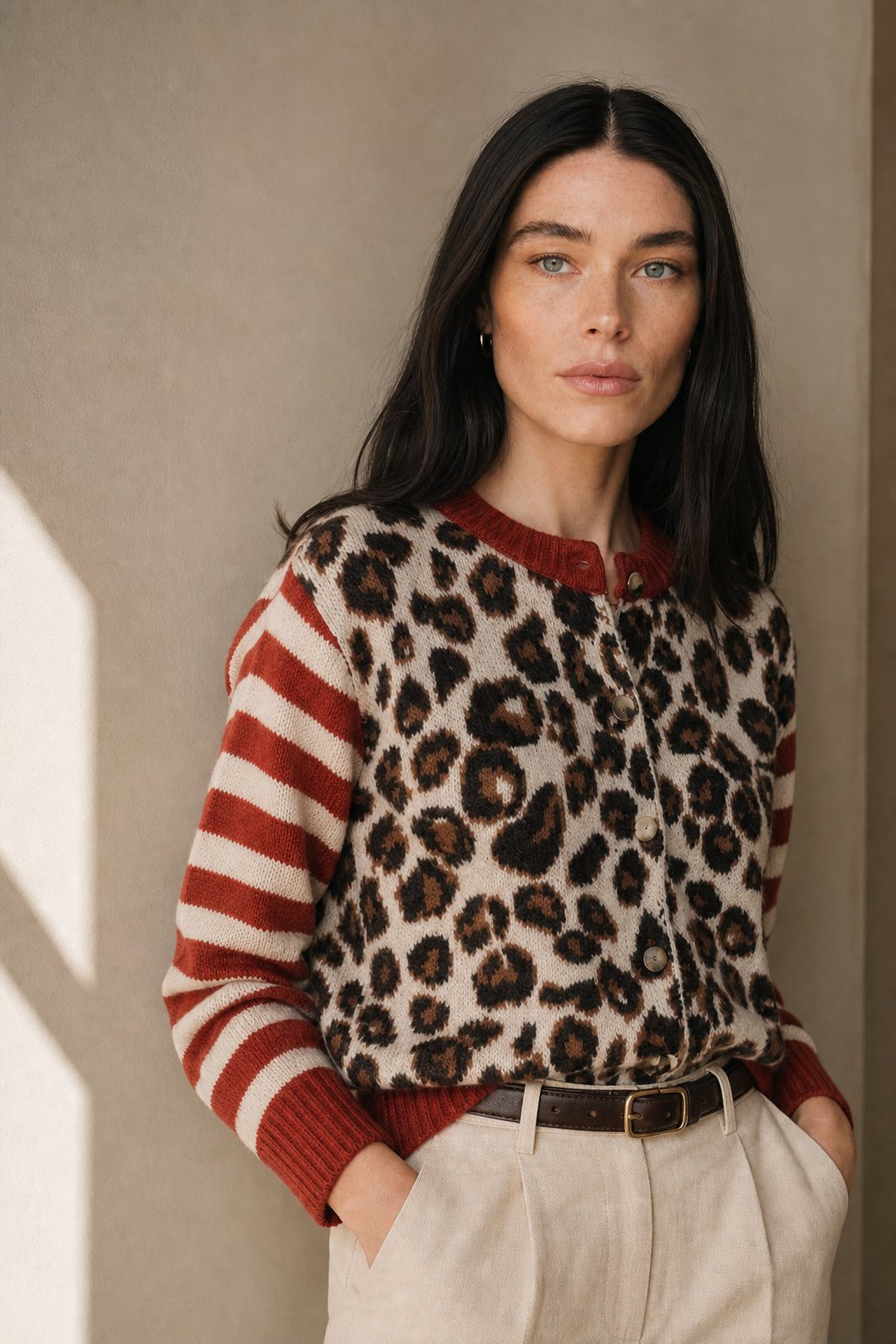 Chloe Leopard Striped Top — Red, banana_republic product shot
