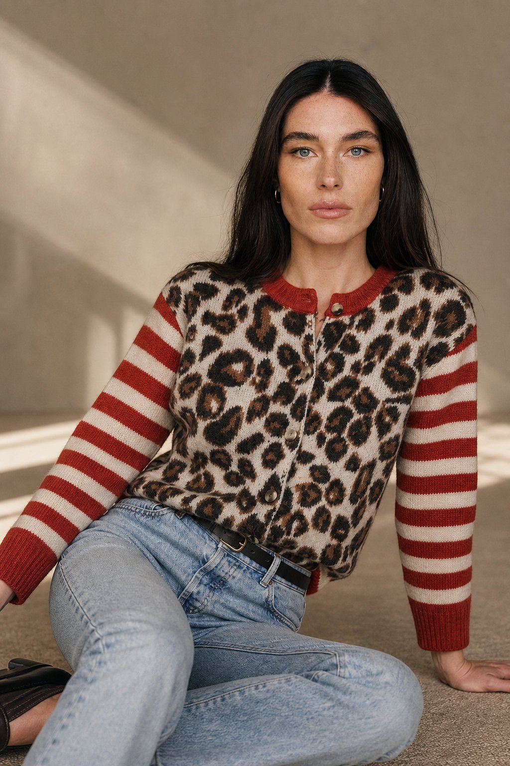 Chloe Leopard Striped Top — Red, banana_republic product shot