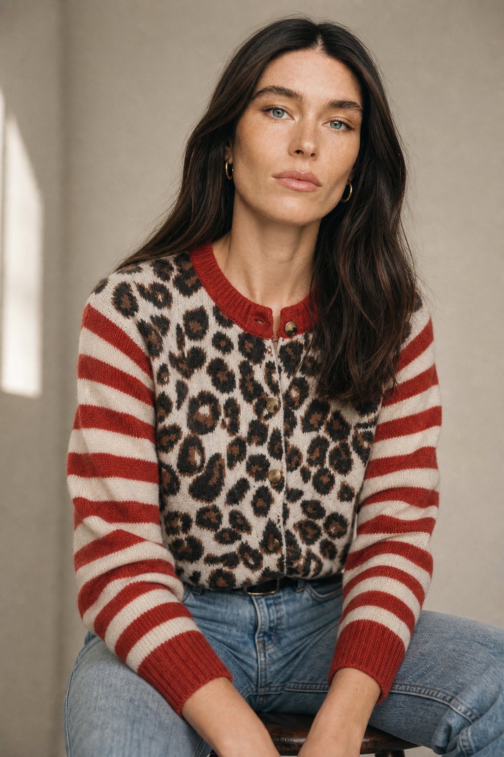 Chloe Leopard Striped Top — Red, banana_republic product shot