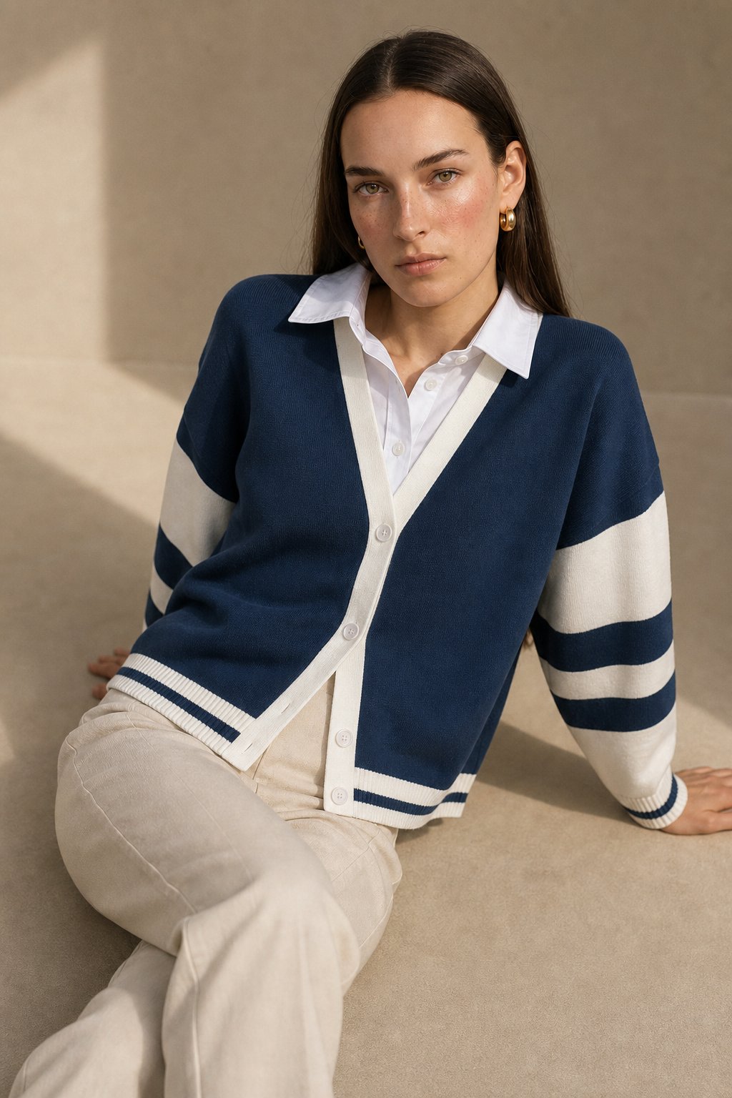 Christina Cotton Cardigan — Navy, studio product shot