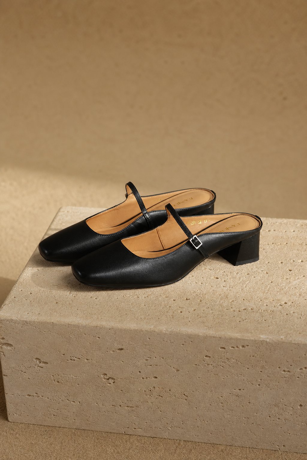Comporta Italian leather Buckle Mule — Black, shoe_pedestal product shot