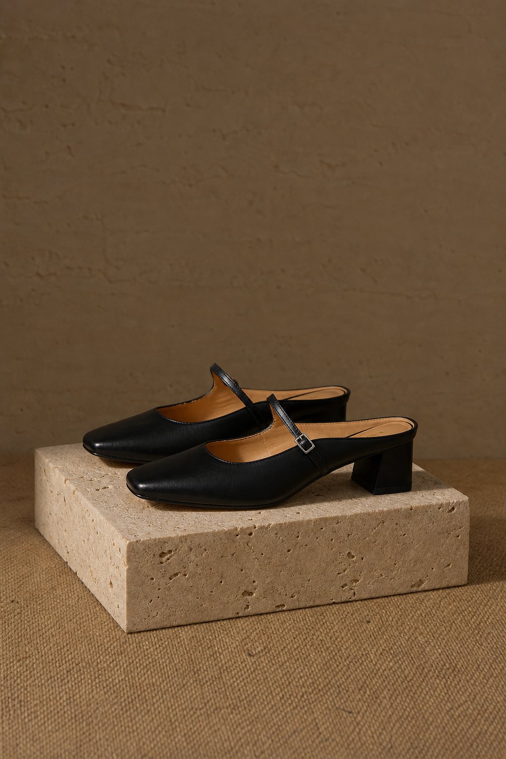Comporta Italian leather Buckle Mule — Black, shoe_pedestal product shot
