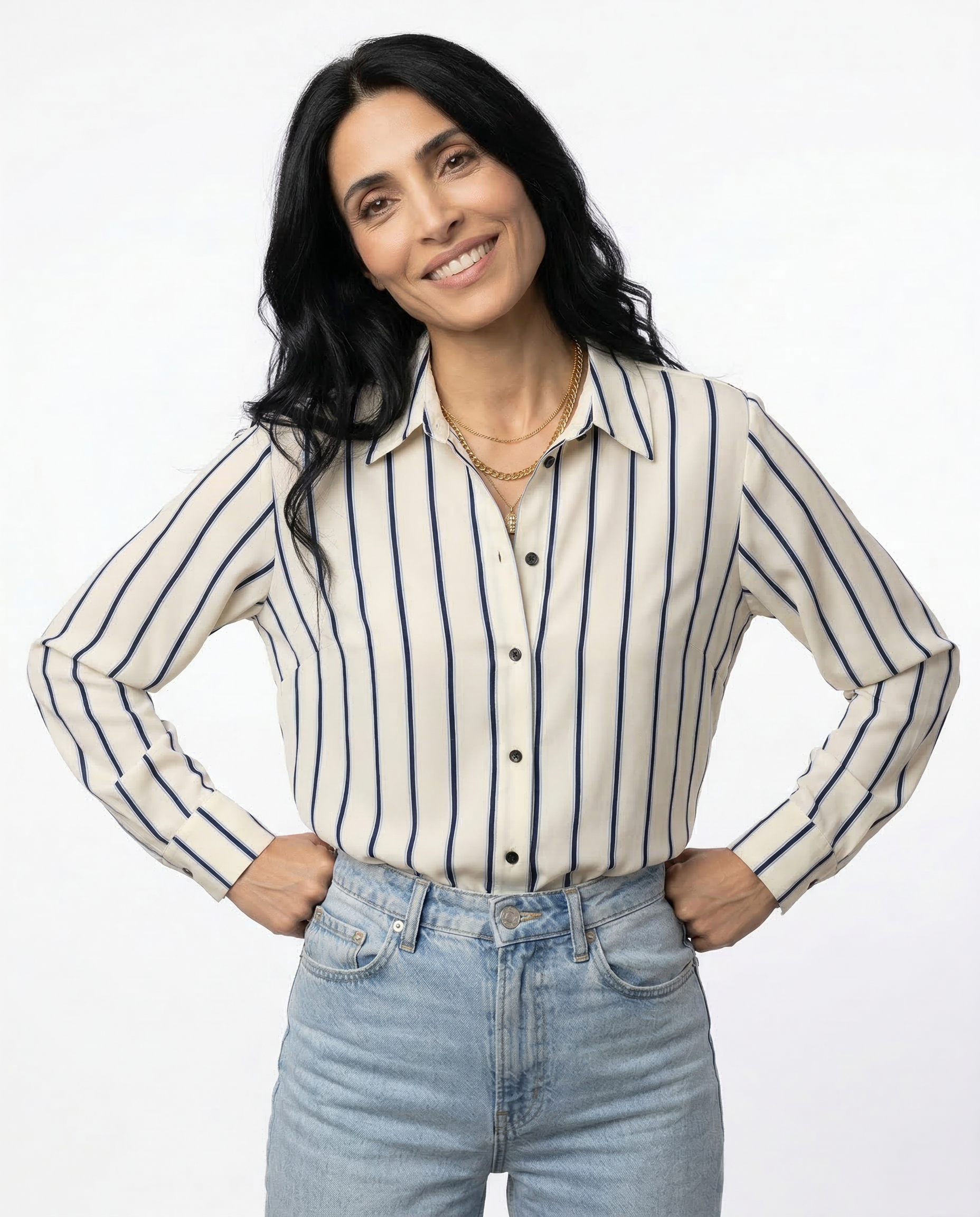 European Striped Button-Up Blouse