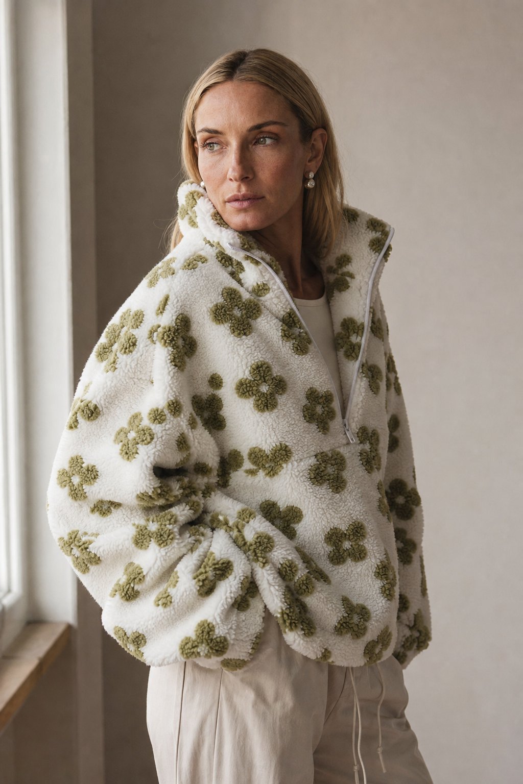 Dahlia Fleece Half-Zip Pullover — Green, studio product shot