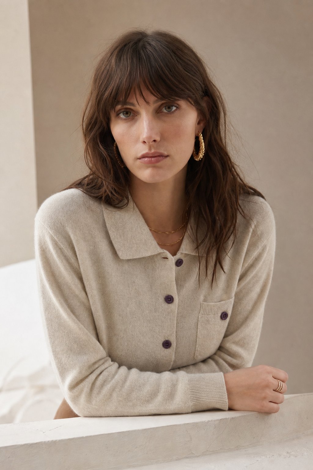 Elara Merino Wool Polo Cardigan — Khaki, studio product shot