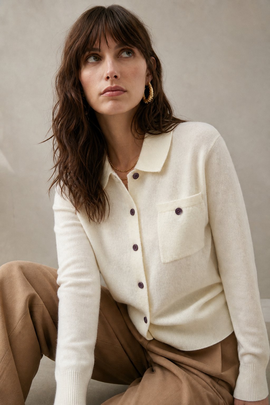 Elara Merino Wool Polo Cardigan — White, studio product shot