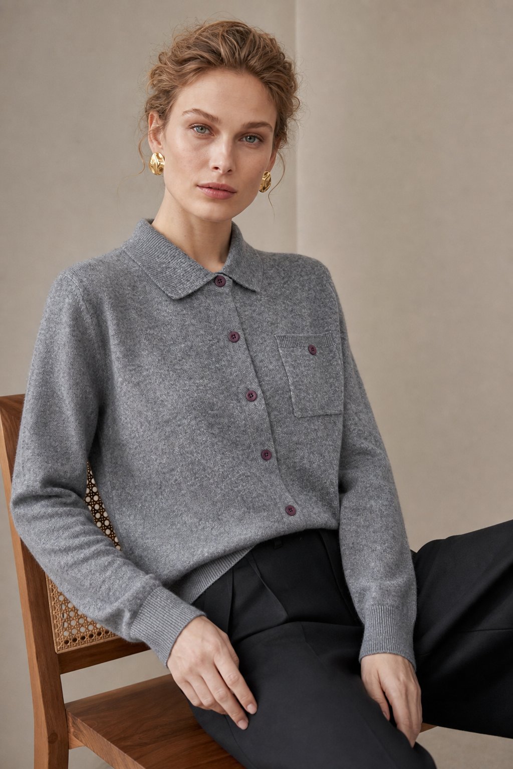 Elara Merino Wool Polo Cardigan — Gray, studio product shot