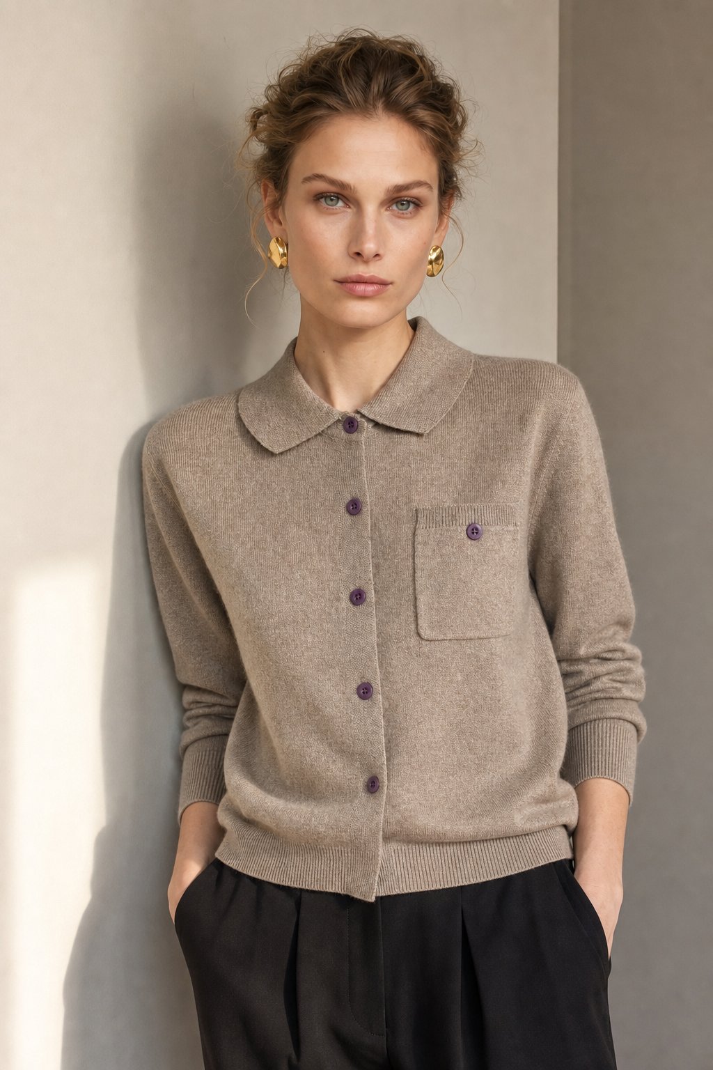 Elara Merino Wool Polo Cardigan — Camel, studio product shot