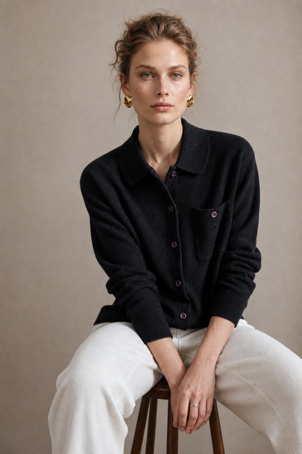 Elara Merino Wool Polo Cardigan — Black, studio product shot