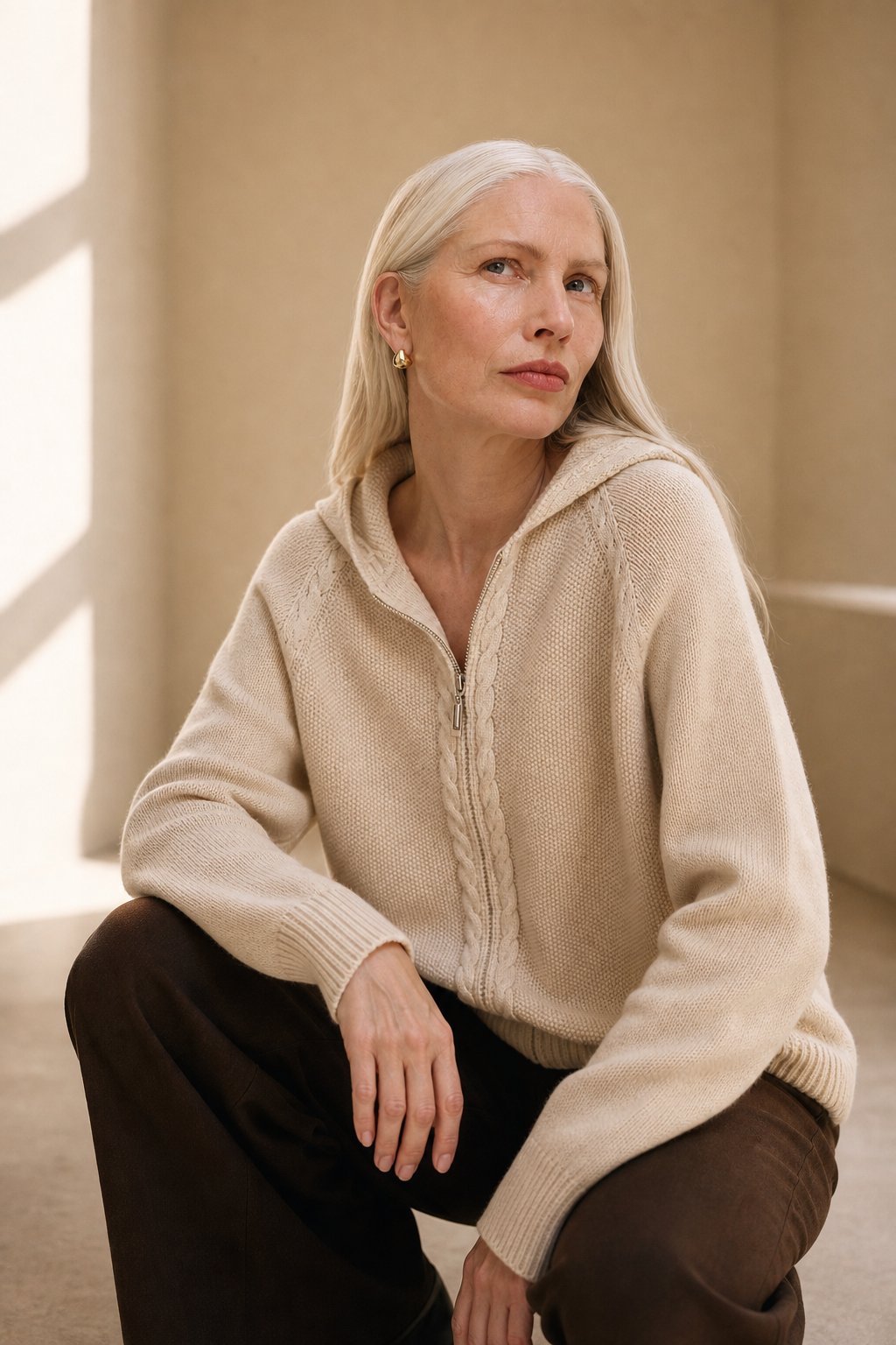Elinsborg Cashmere Hooded Cardigan — Beige, studio product shot