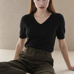 Elysian V-Neck Knit Top — Black, banana_republic product shot