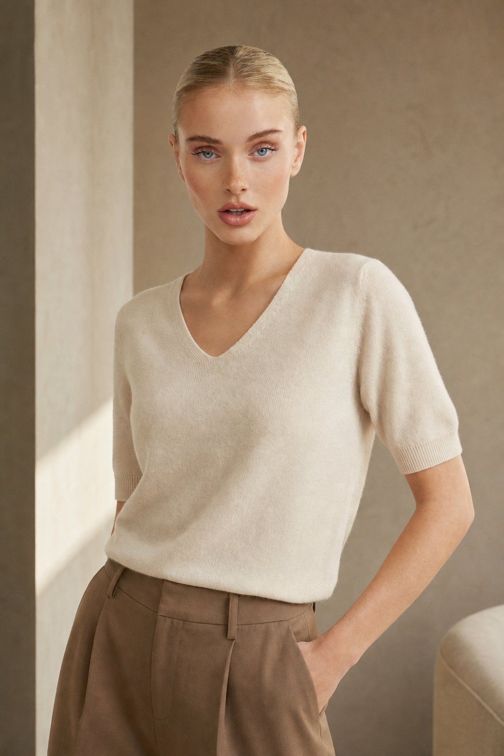 Elysian V-Neck Knit Top — Ivory, banana_republic product shot