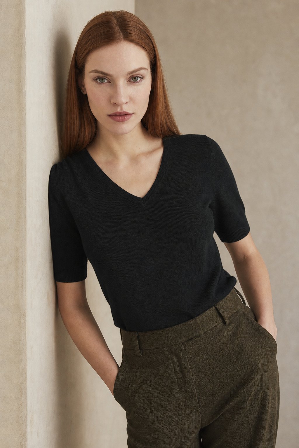 Elysian V-Neck Knit Top — Black, banana_republic product shot