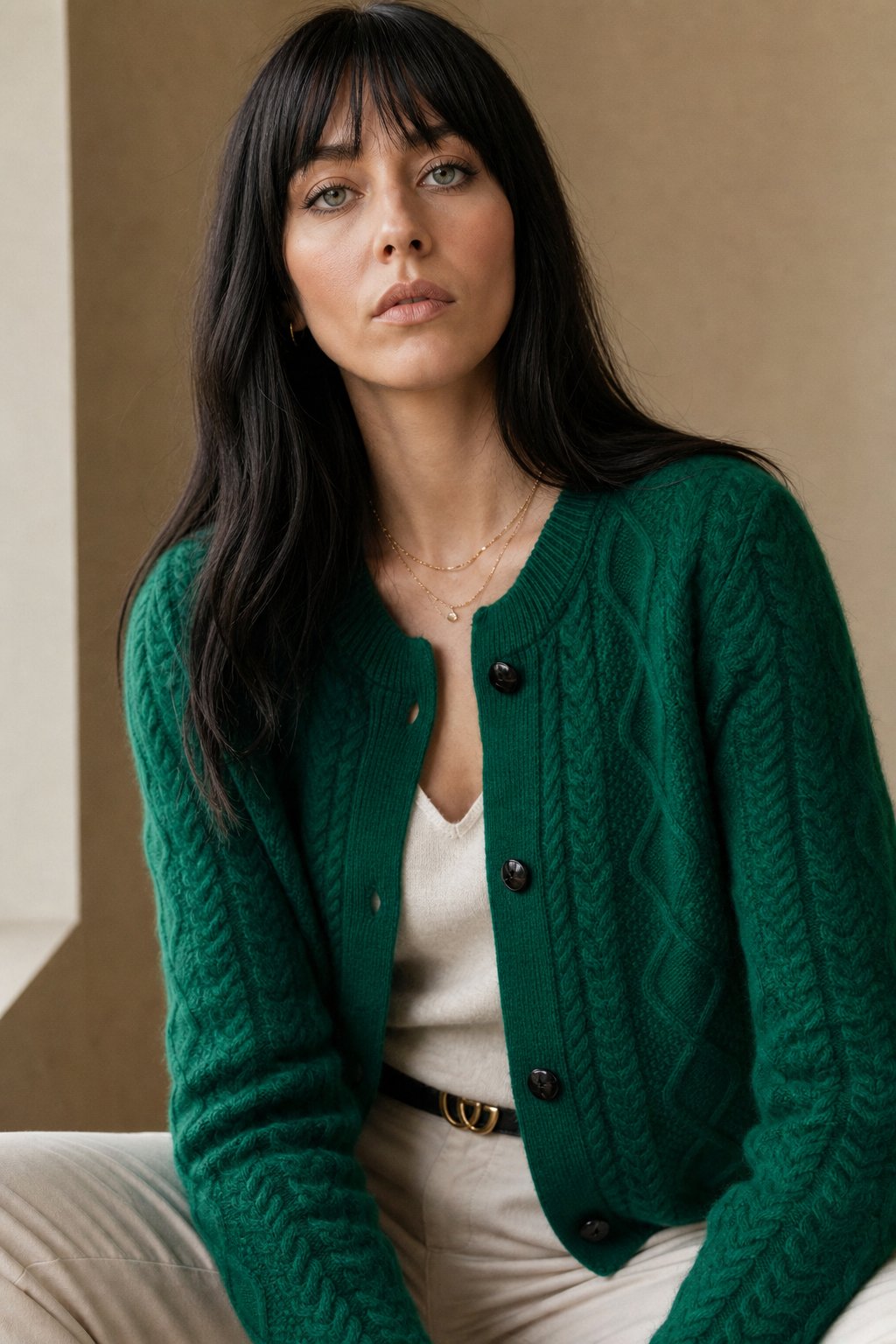 Emery Cable Cashmere Cardigan — Green, banana_republic product shot