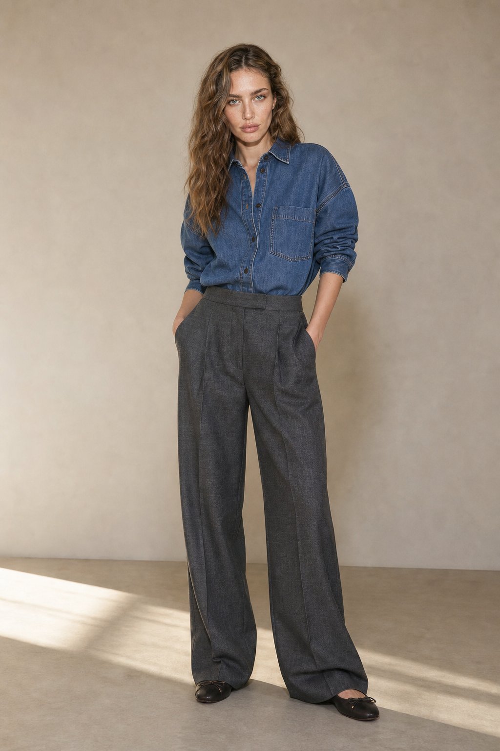 Firenze Wide Leg Draped Pants — Gray, studio product shot