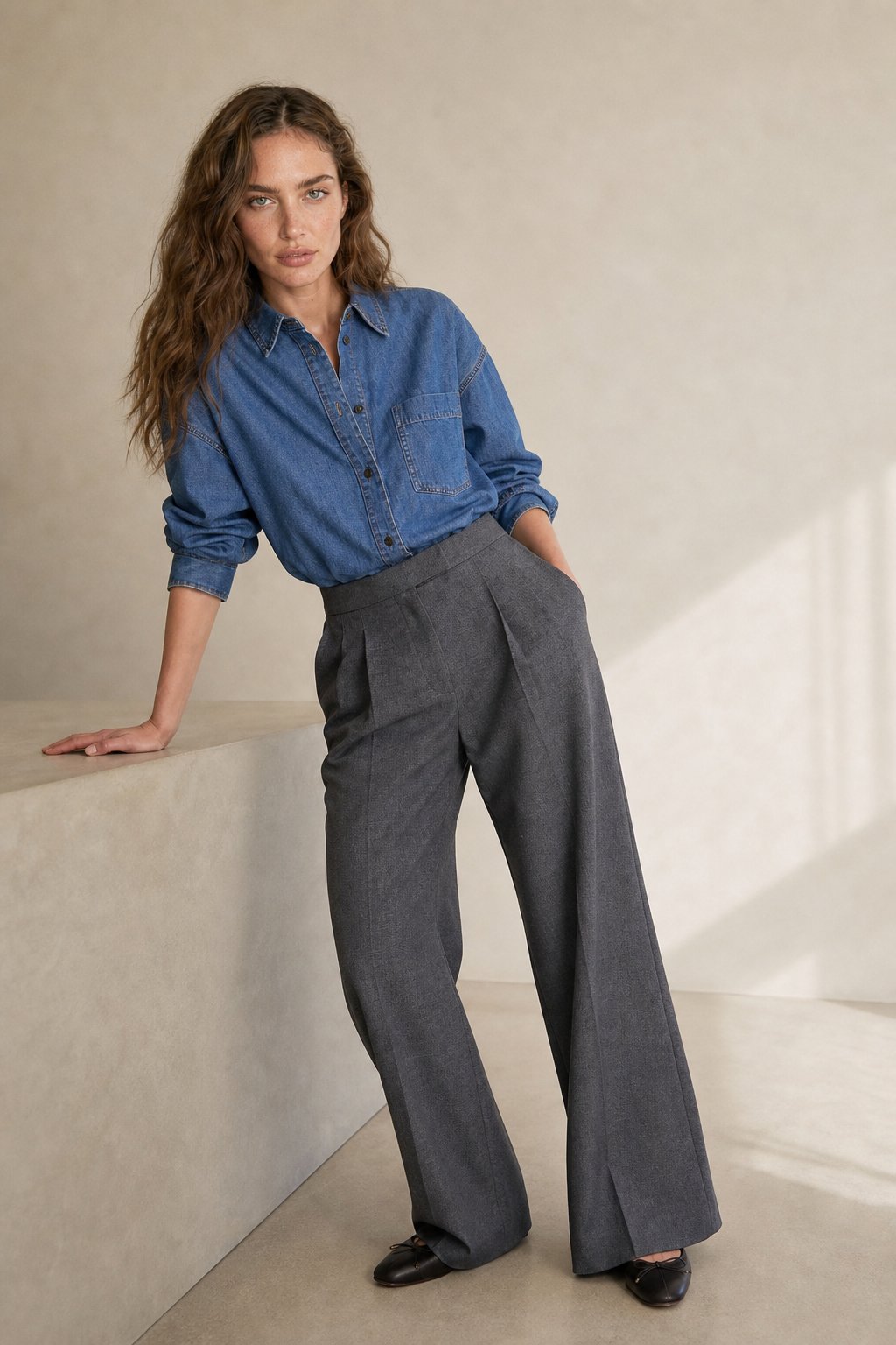 Firenze Wide Leg Draped Pants — Gray, studio product shot