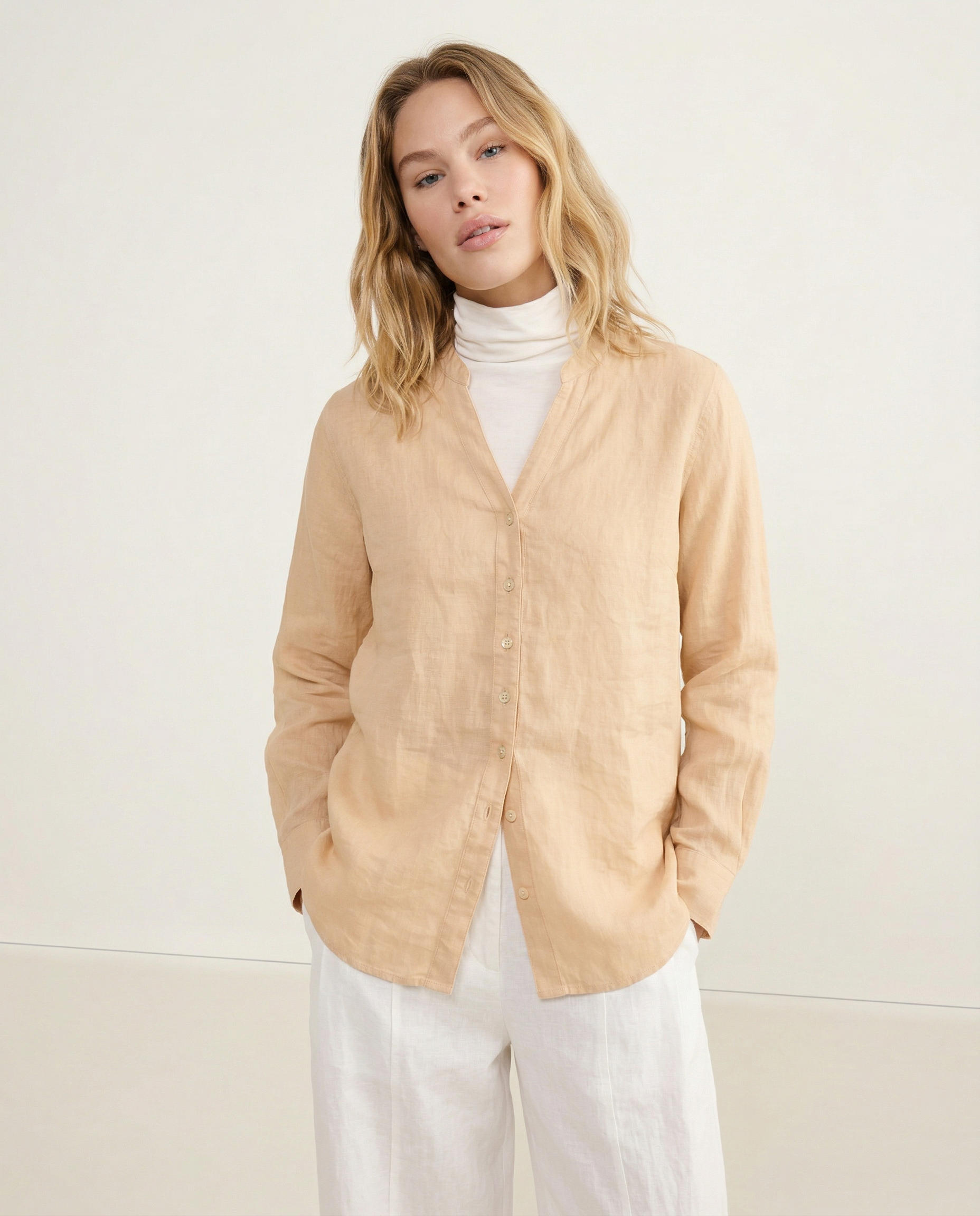 The Collarless Linen V-Neck Shirt