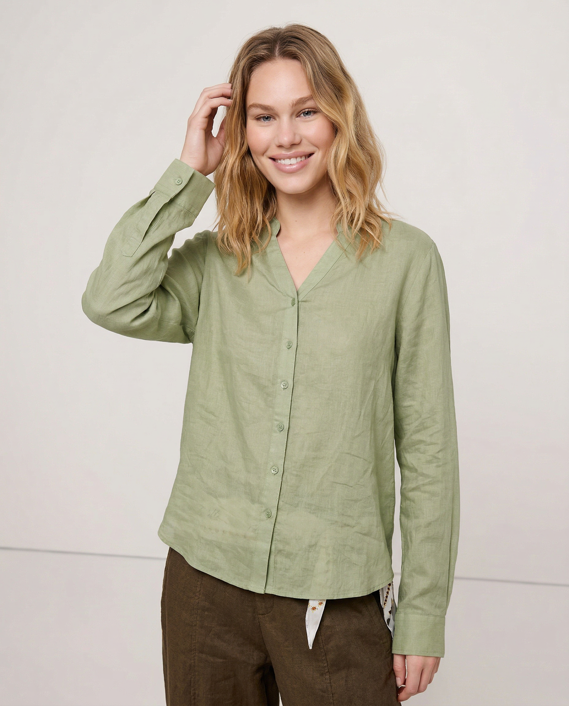 Collarless Linen V-Neck Shirt - Breezy