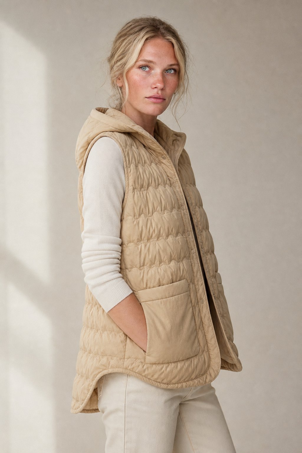 Gold Rush Puffer Vest — Ivory, studio product shot