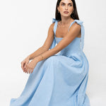 Joséphine Lace-Up Maxi Dress — Blue, studio product shot
