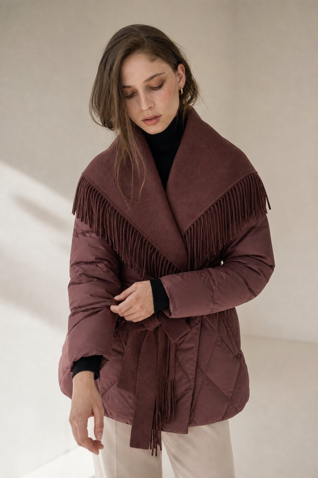 Juliette Fringe Down Coat — Red, banana_republic product shot