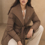 Juliette Fringe Down Coat — Brown, banana_republic product shot