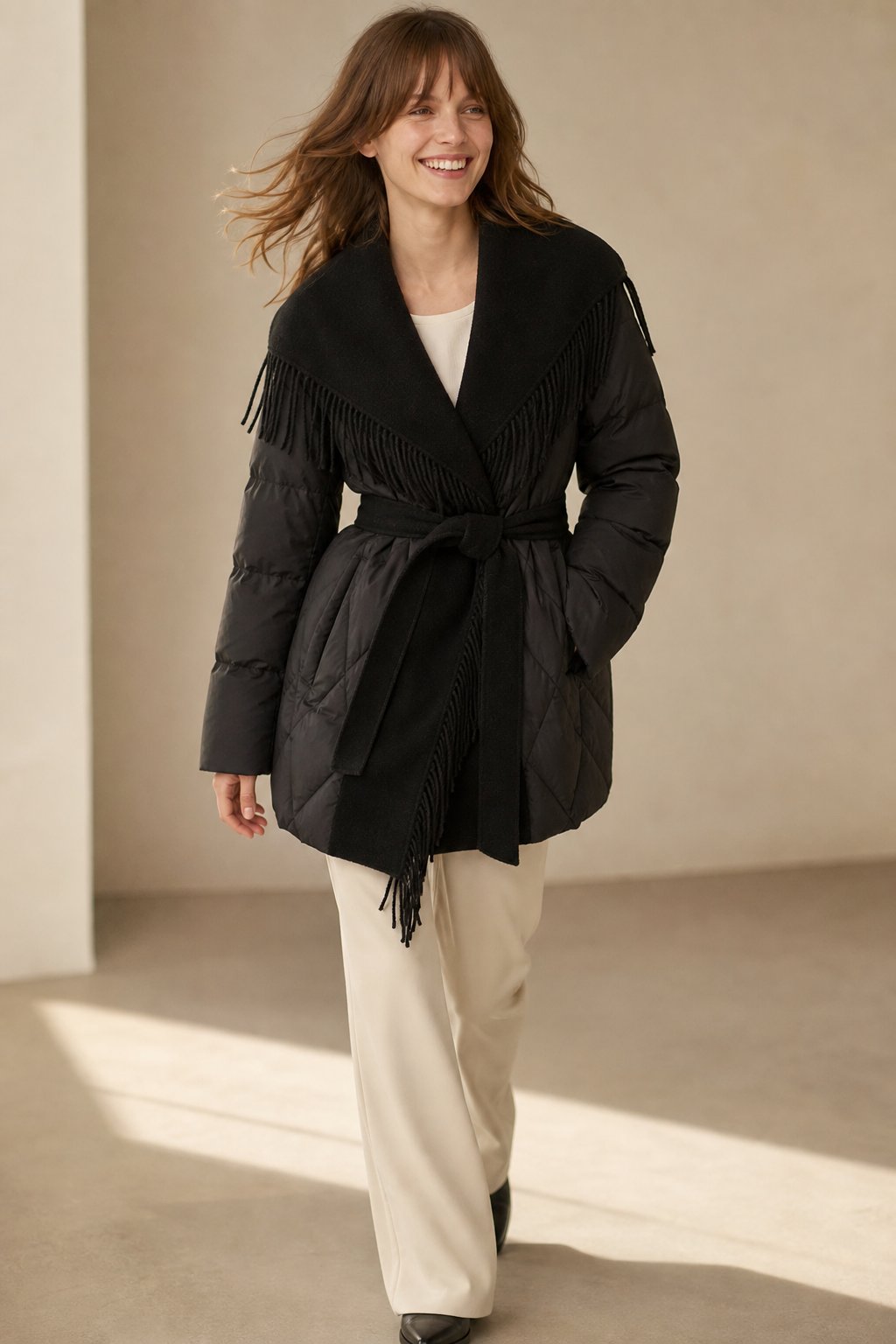 Juliette Fringe Down Coat — black, banana_republic product shot