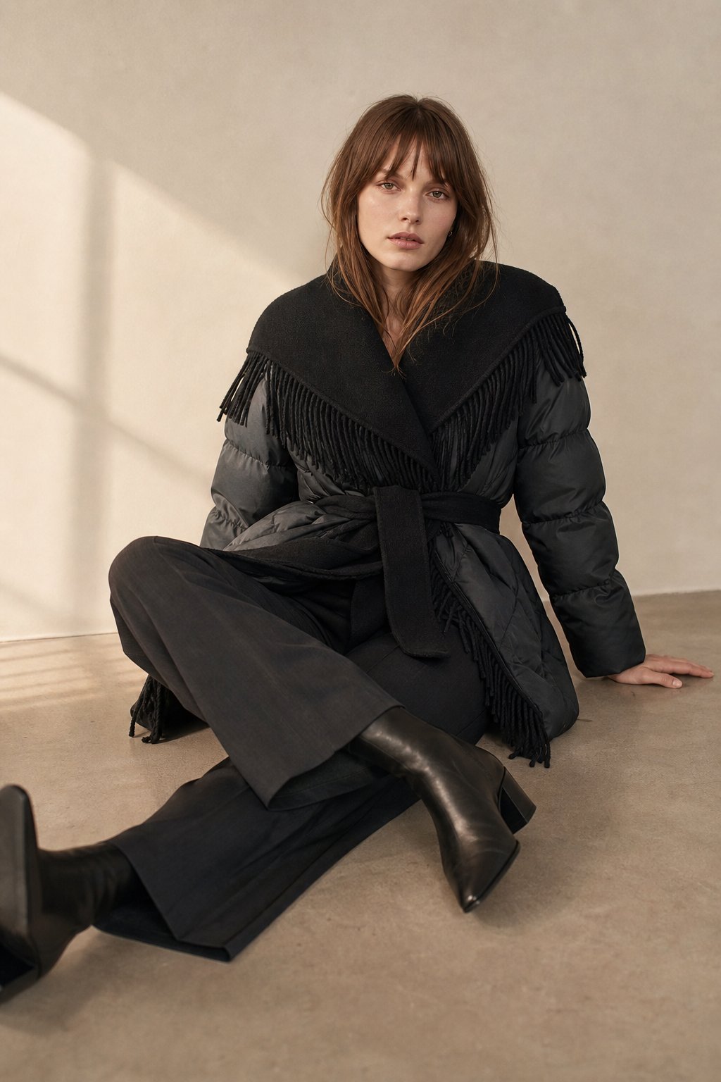 Juliette Fringe Down Coat — black, banana_republic product shot