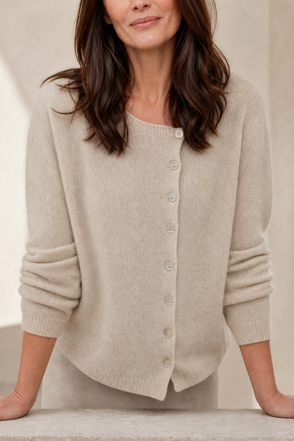 Amélise Asymmetric Cashmere Button Sweater — Khaki, studio product shot