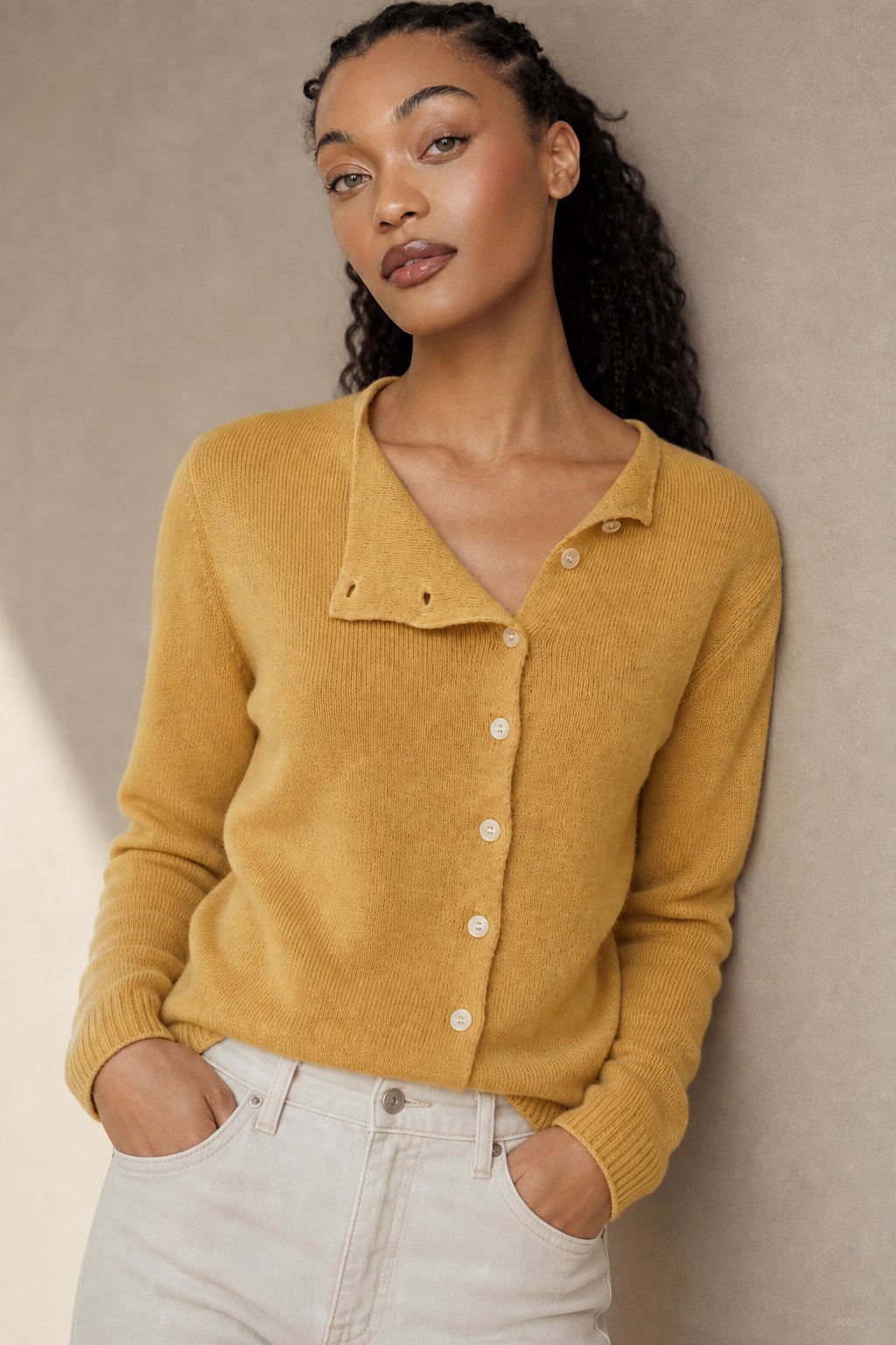 Amélise Asymmetric Cashmere Button Sweater — Yellow, studio product shot