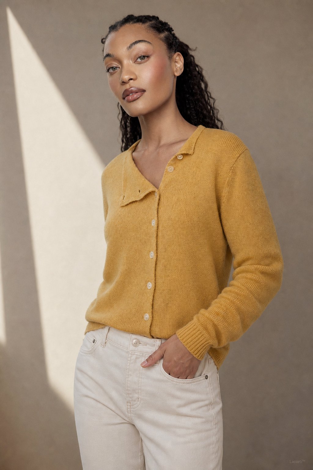 Amélise Asymmetric Cashmere Button Sweater — Yellow, studio product shot