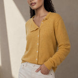 Amélise Asymmetric Cashmere Button Sweater — Yellow, studio product shot