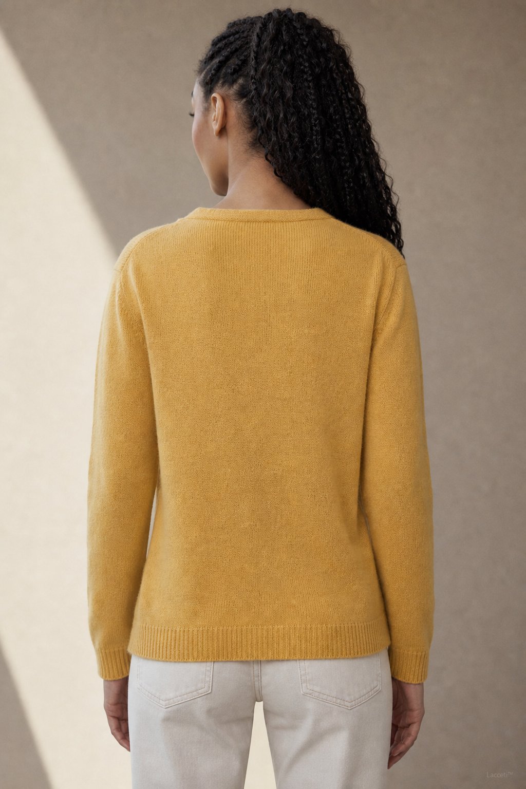 Amélise Asymmetric Cashmere Button Sweater — Yellow, studio product shot