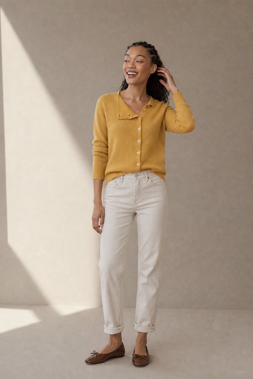 Amélise Asymmetric Cashmere Button Sweater — Yellow, studio product shot