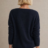 Amélise Asymmetric Cashmere Button Sweater — Navy, studio product shot