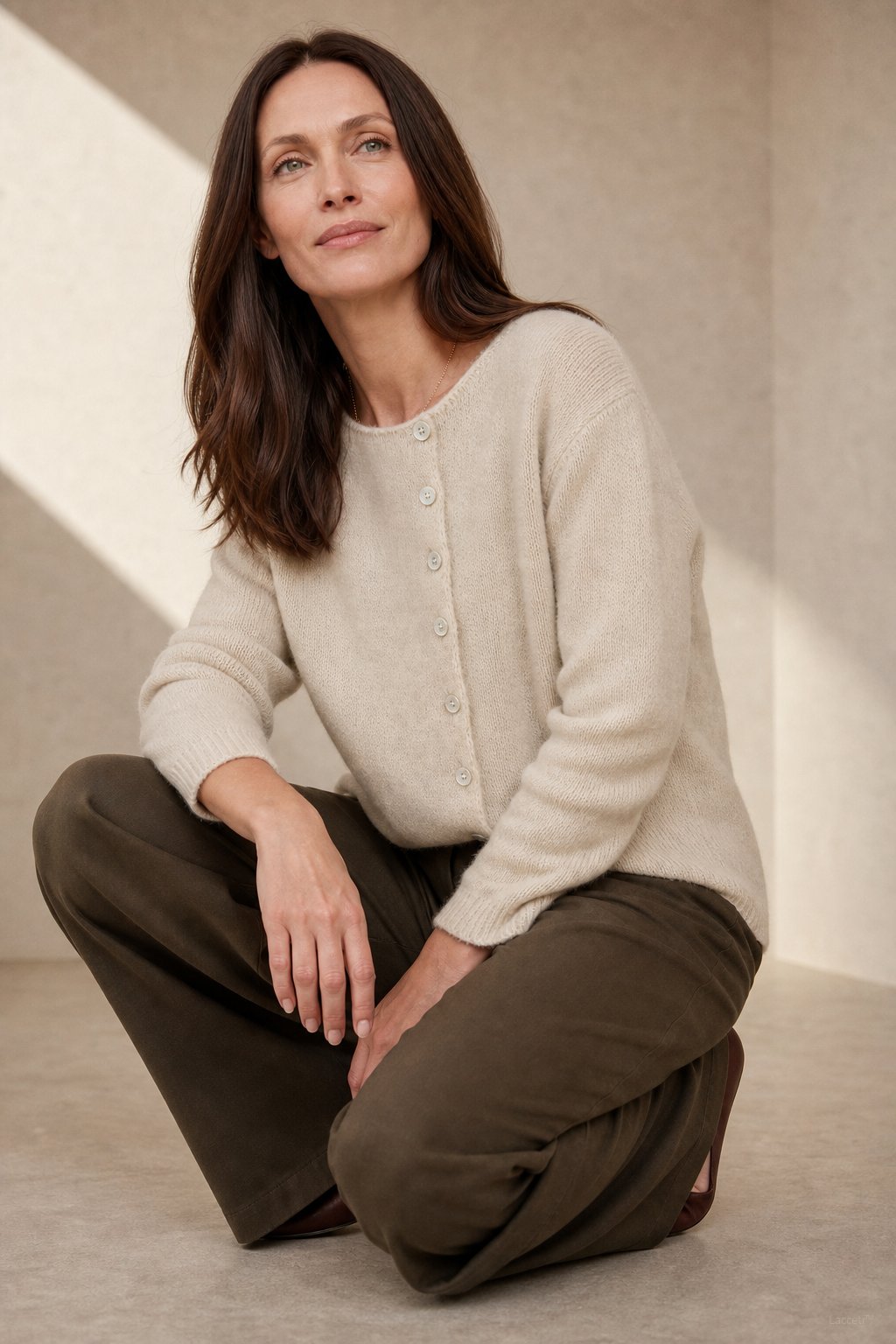 Amélise Asymmetric Cashmere Button Sweater — Khaki, studio product shot