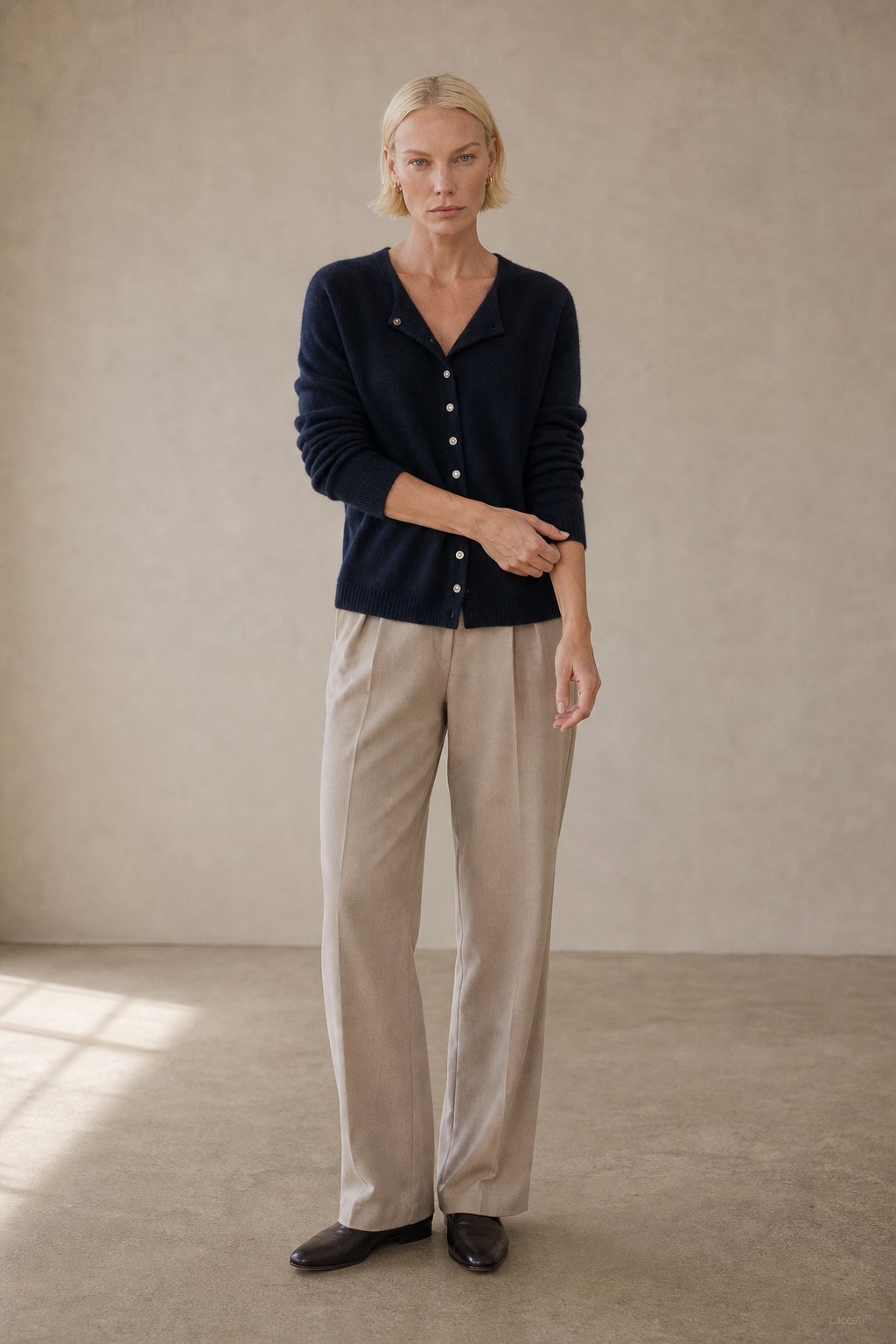 Amélise Asymmetric Cashmere Button Sweater — Navy, studio product shot
