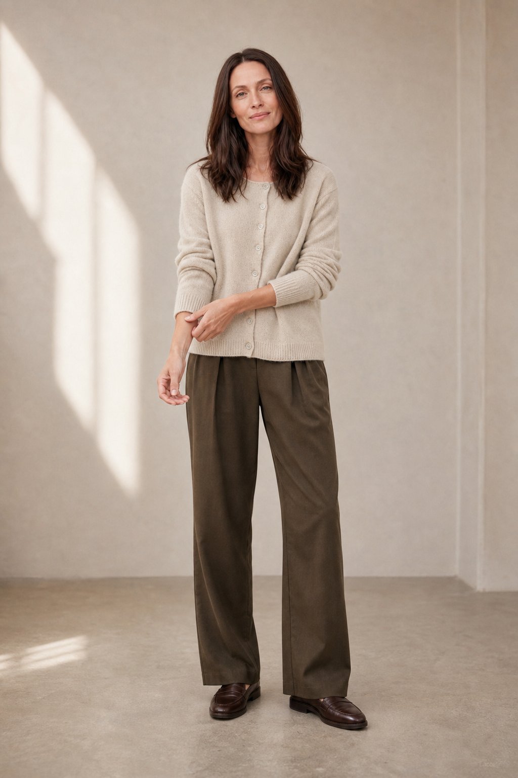 Amélise Asymmetric Cashmere Button Sweater — Khaki, studio product shot