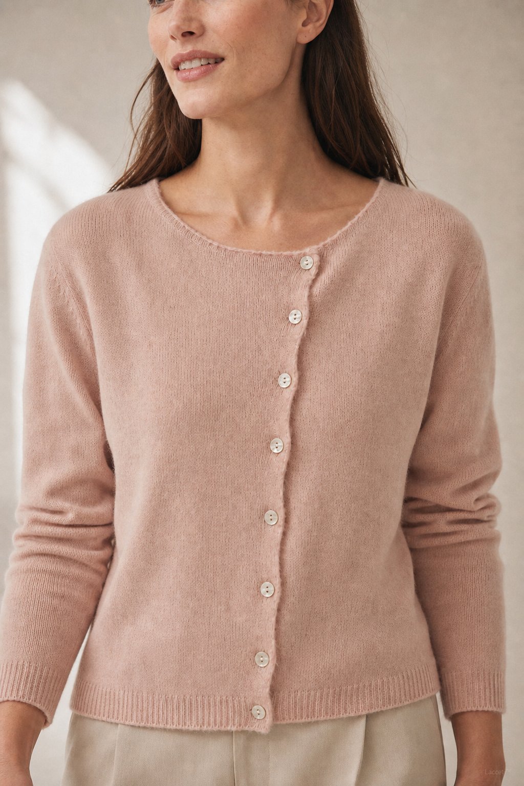 Amélise Asymmetric Cashmere Button Sweater — Pink, studio product shot