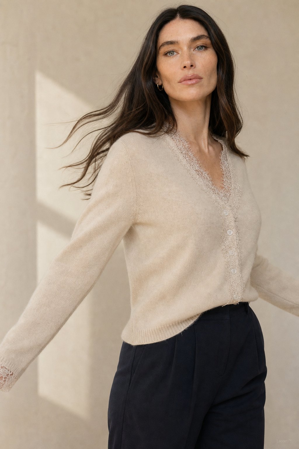 Aurora Lace Cardigan — Khaki, studio product shot