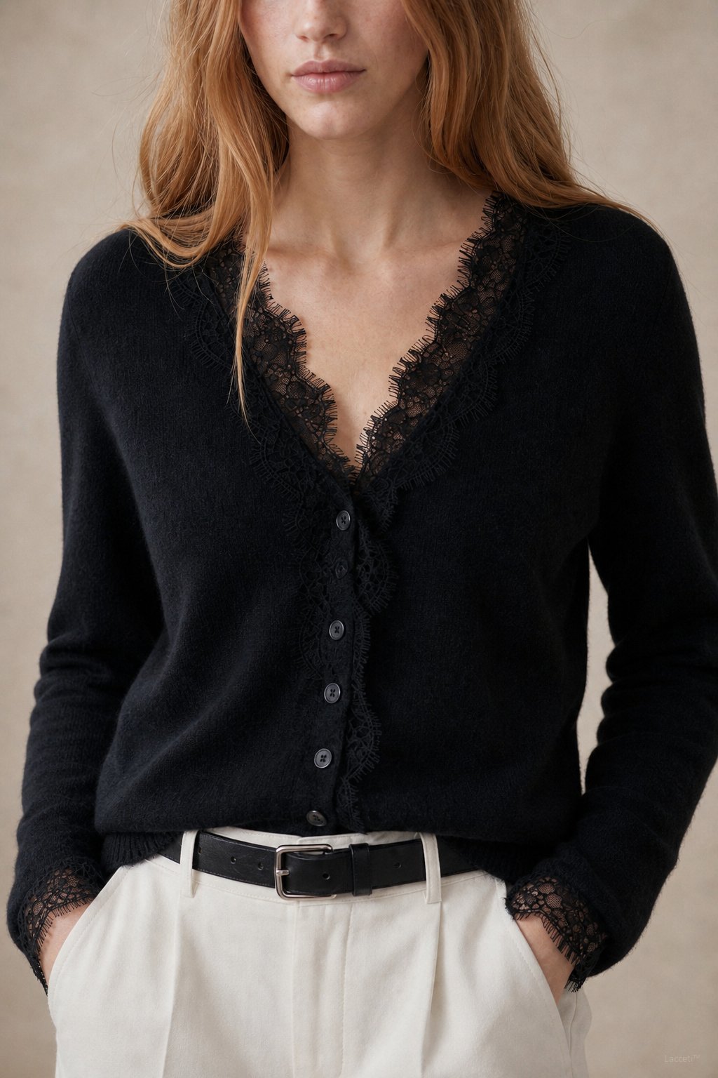 Aurora Lace Cardigan — Black, studio product shot