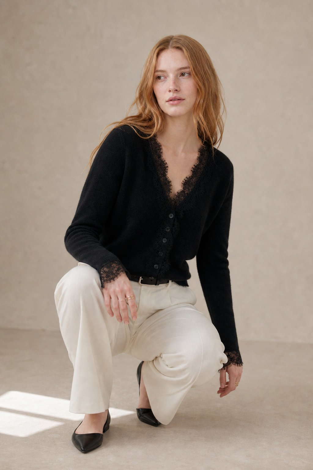 Aurora Lace Cardigan — Black, studio product shot