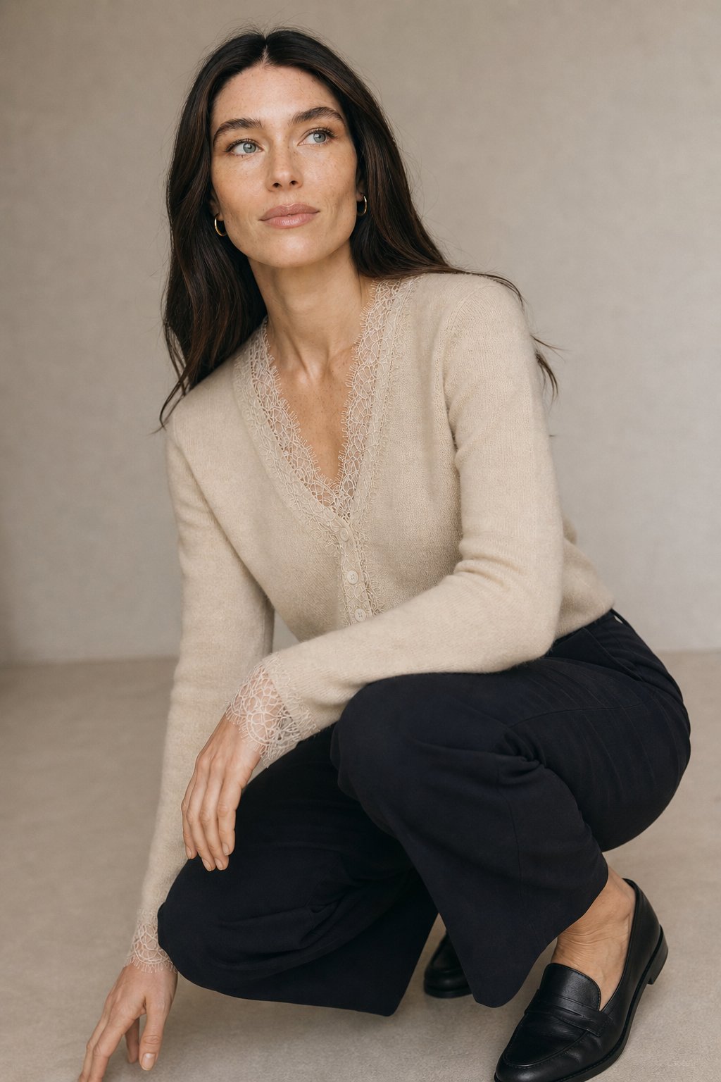 Aurora Lace Cardigan — Khaki, studio product shot