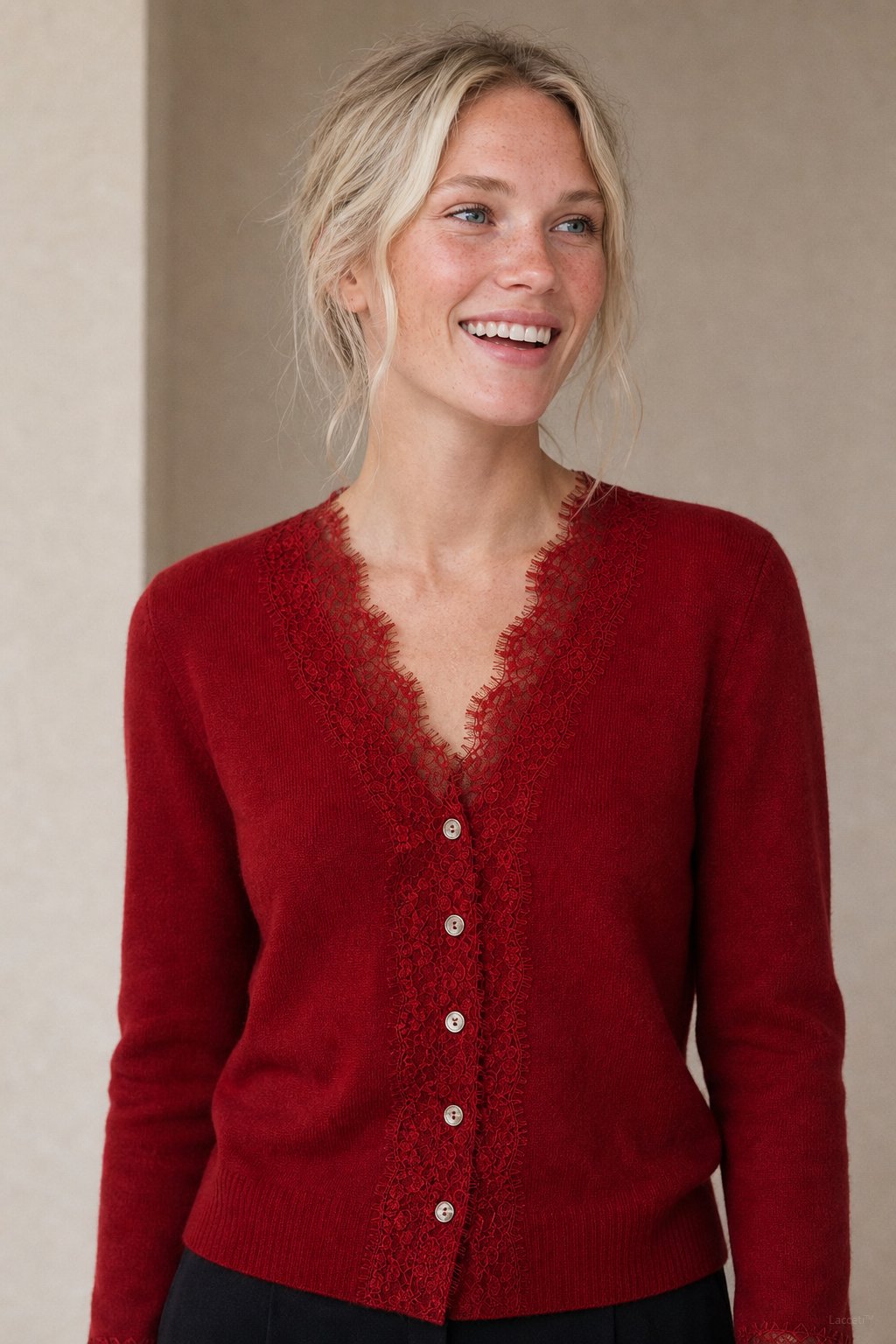 Aurora Lace Cardigan — Red, studio product shot