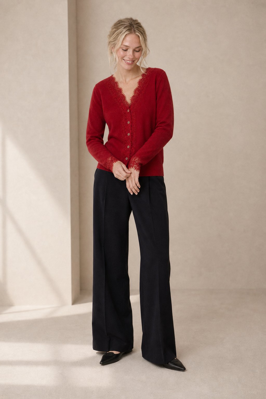 Aurora Lace Cardigan — Red, studio product shot